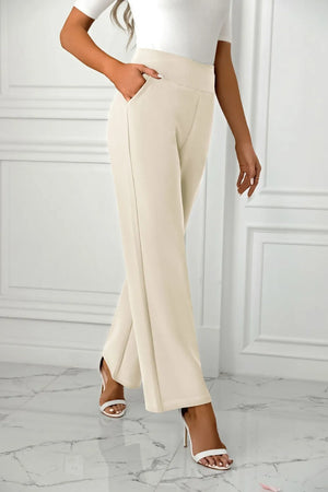 High-waist straight leg pants with a subtle side for a chic, effortless look.