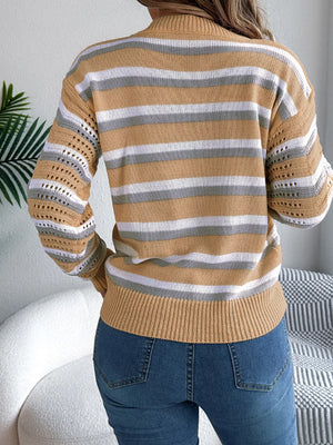 Back side of striped round neck sweater with long sleeves