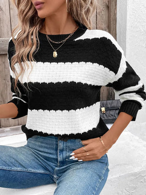 Perfee Striped Round Neck Long Sleeve Sweater front view casual knit style