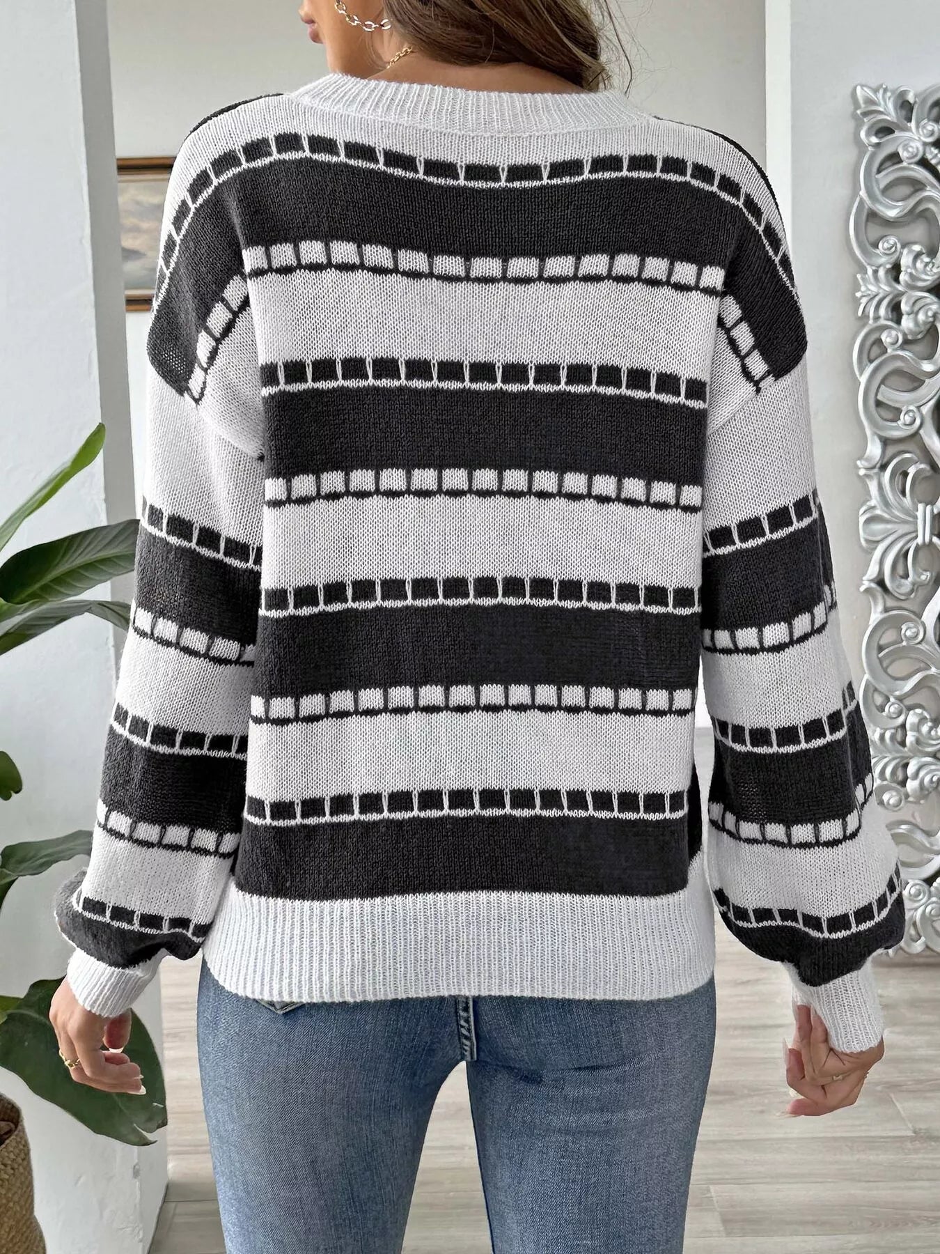 back side striped knit dropped shoulder sweater full design