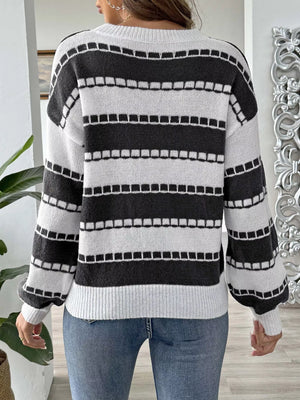 back side striped knit dropped shoulder sweater full design