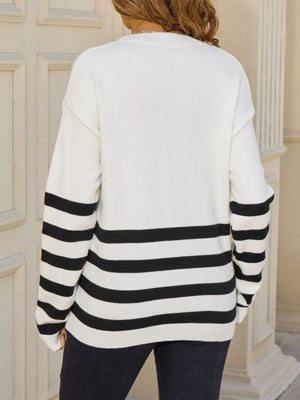 striped trim crew neck sweater back view elegant knitwear