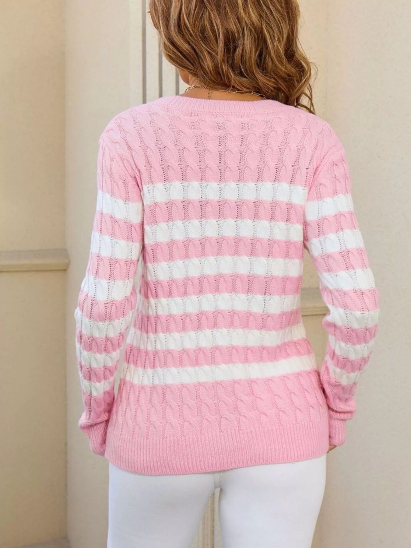 back view striped cable knit round neck sweater full design