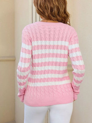 back view striped cable knit round neck sweater full design