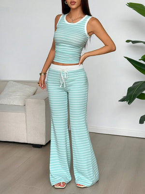 Front view of striped tank top and flare pants set