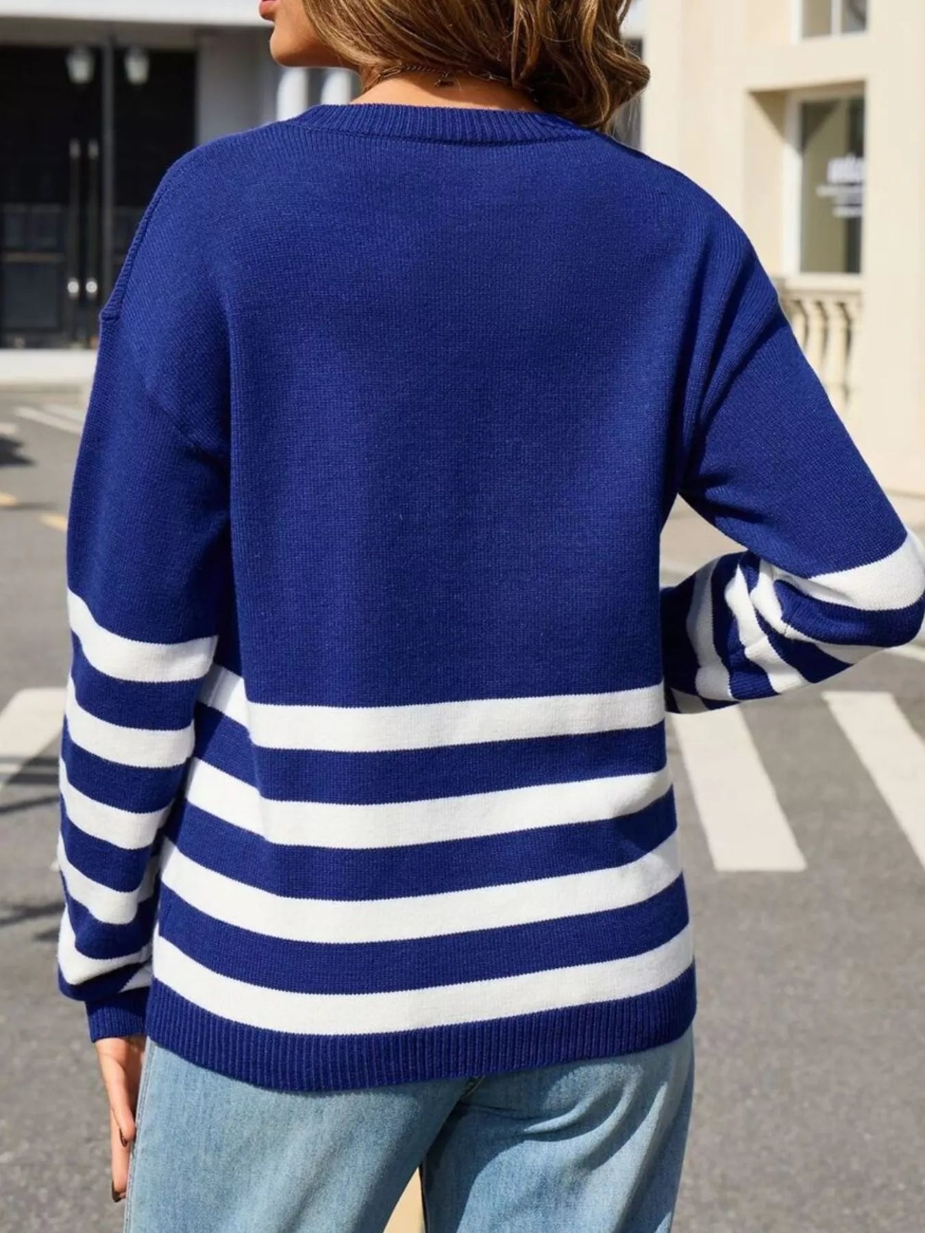 striped trim crew neck sweater back full view knitwear
