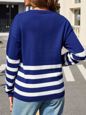striped trim crew neck sweater back full view knitwear