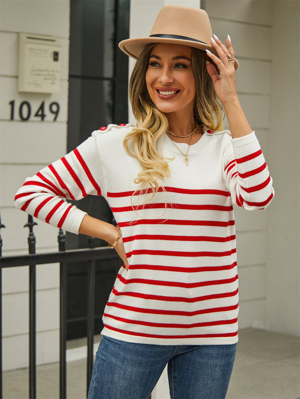 Modern striped pullover sweater front design with round neck