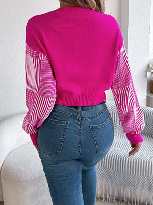 Women's striped V-neck sweater long sleeve back fit