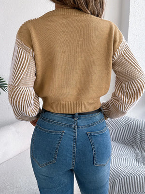 Striped knit V-neck long sleeve sweater back style