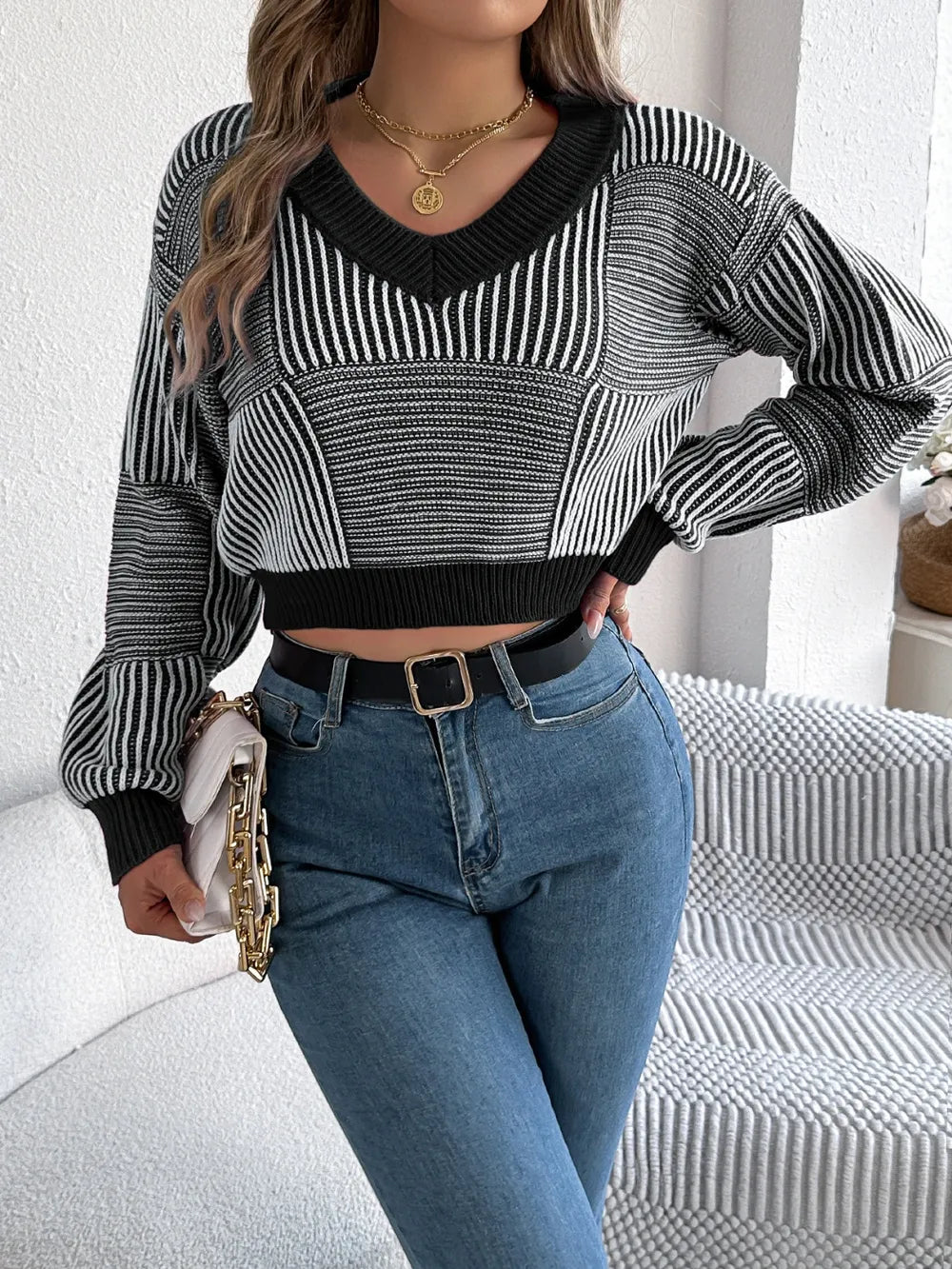 Striped V-neck long sleeve sweater front view
