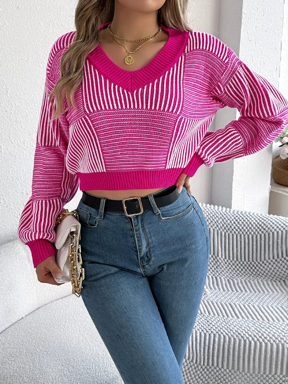 Casual striped V-neck sweater long sleeve front look