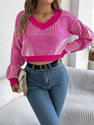 Casual striped V-neck sweater long sleeve front look