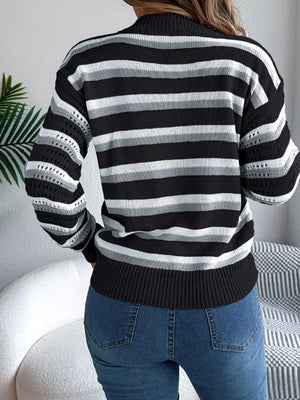 Back view of Striped Round Neck Long Sleeve Sweater with striped knit design