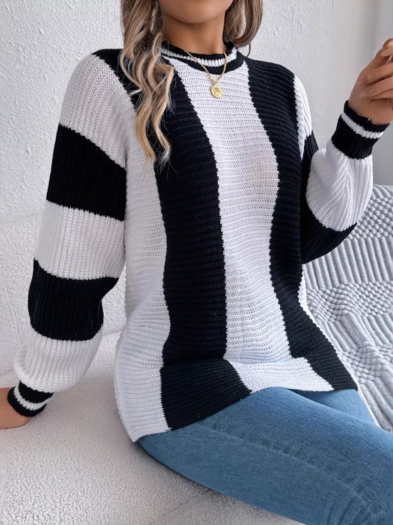 trendy color block knit sweater front design