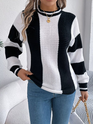 stylish round neck sweater color block front