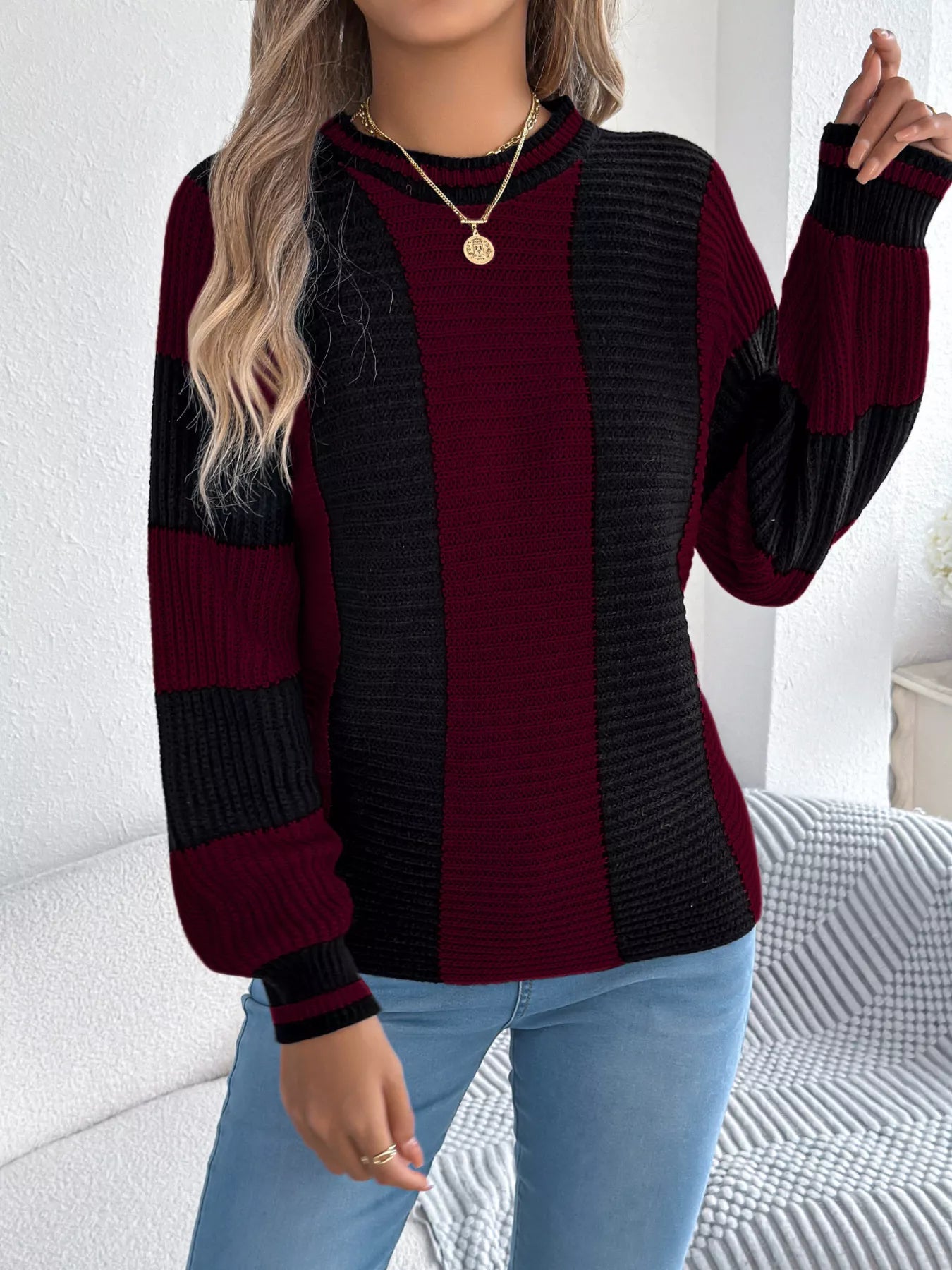 Color block round neck sweater front view stylish design