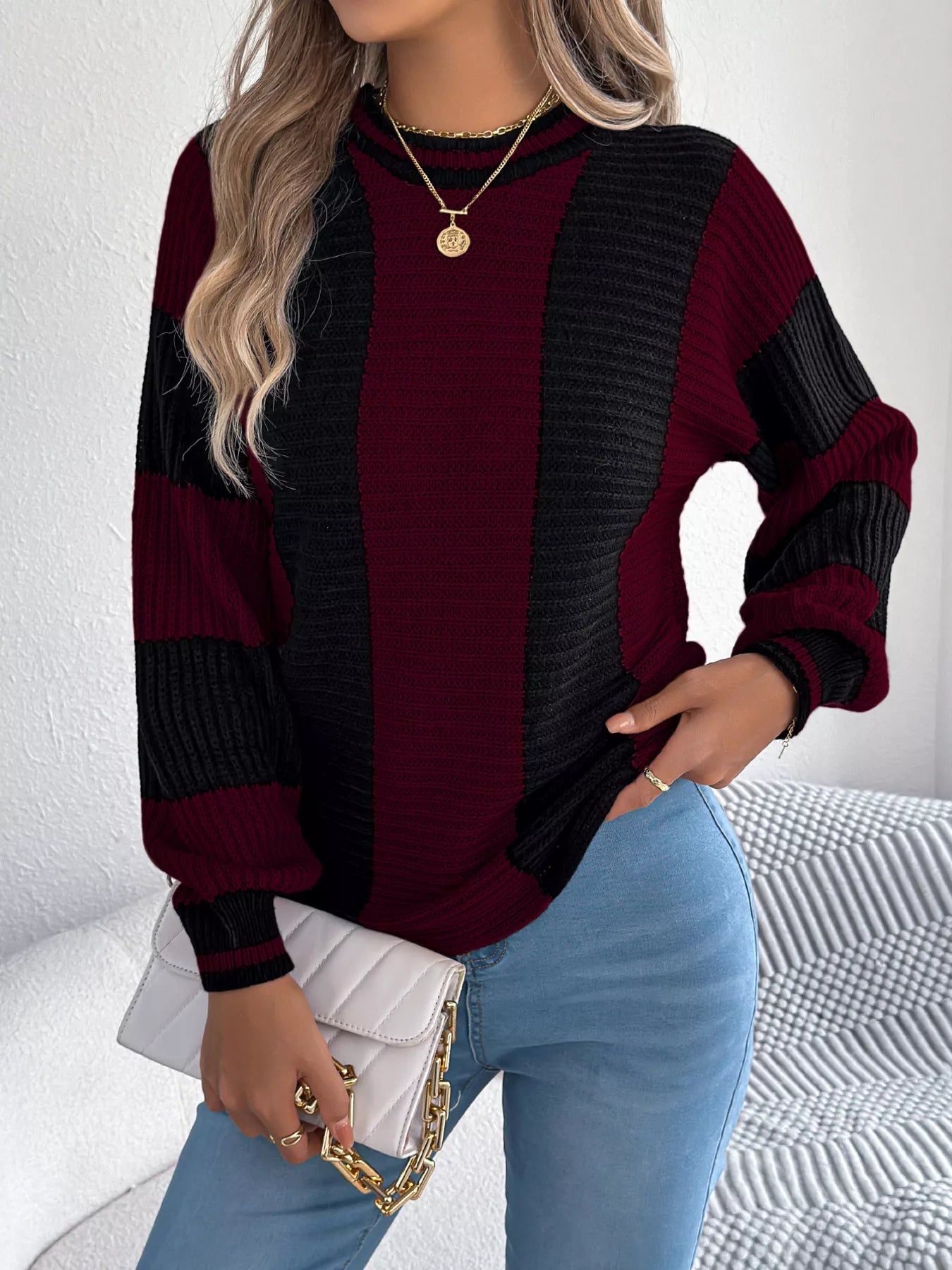 Fashionable color block sweater front outfit