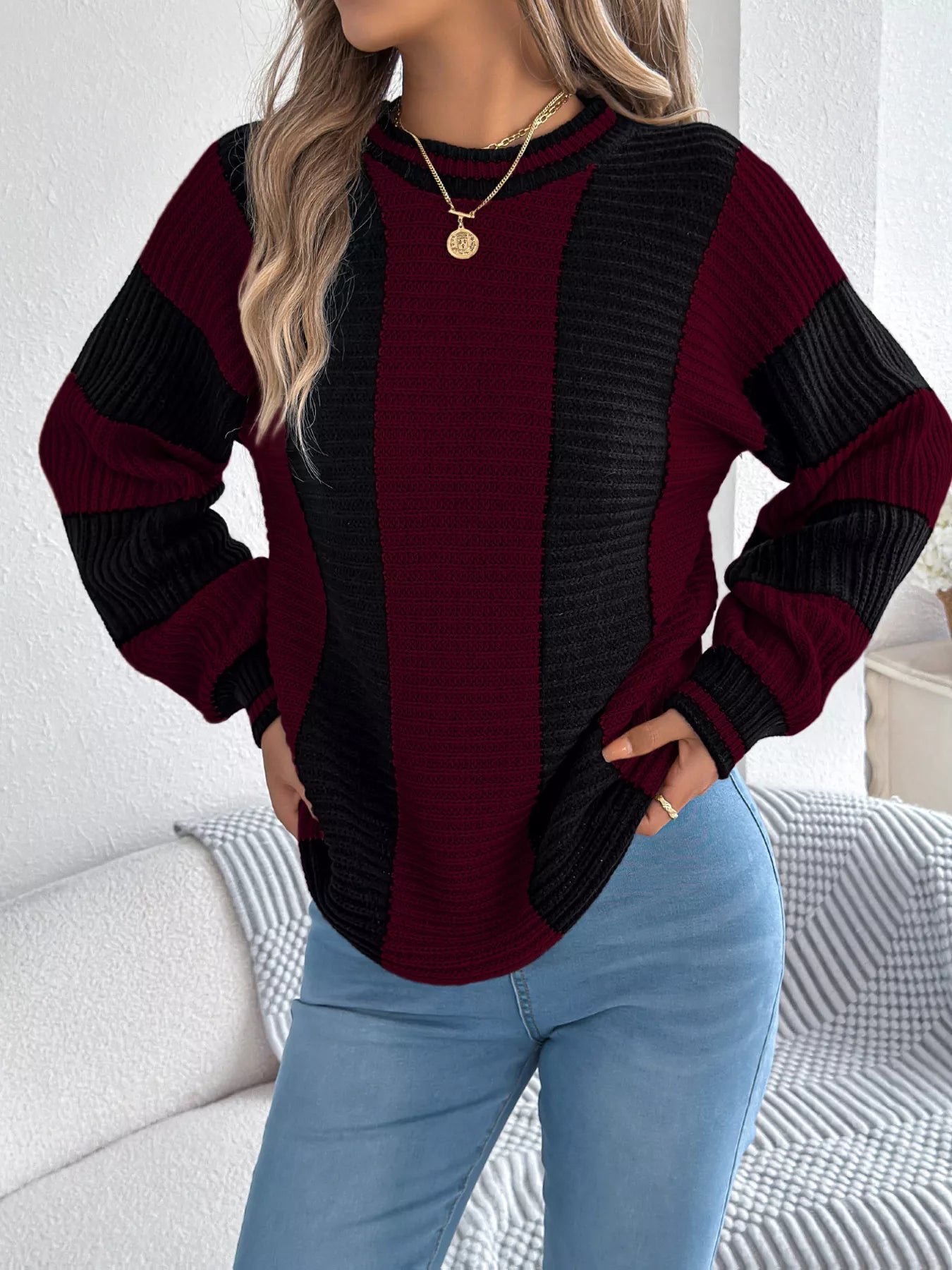 Daily wear color block sweater front view