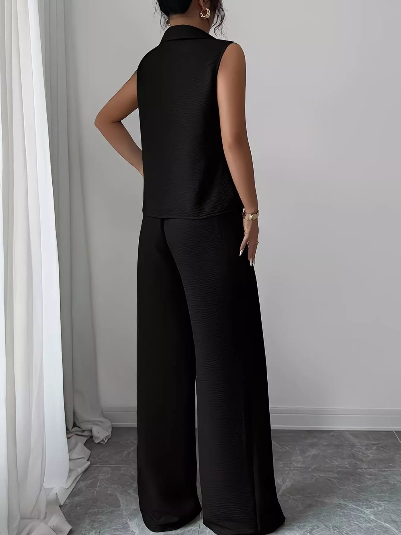 summer sleeveless outfit with wide pants back view