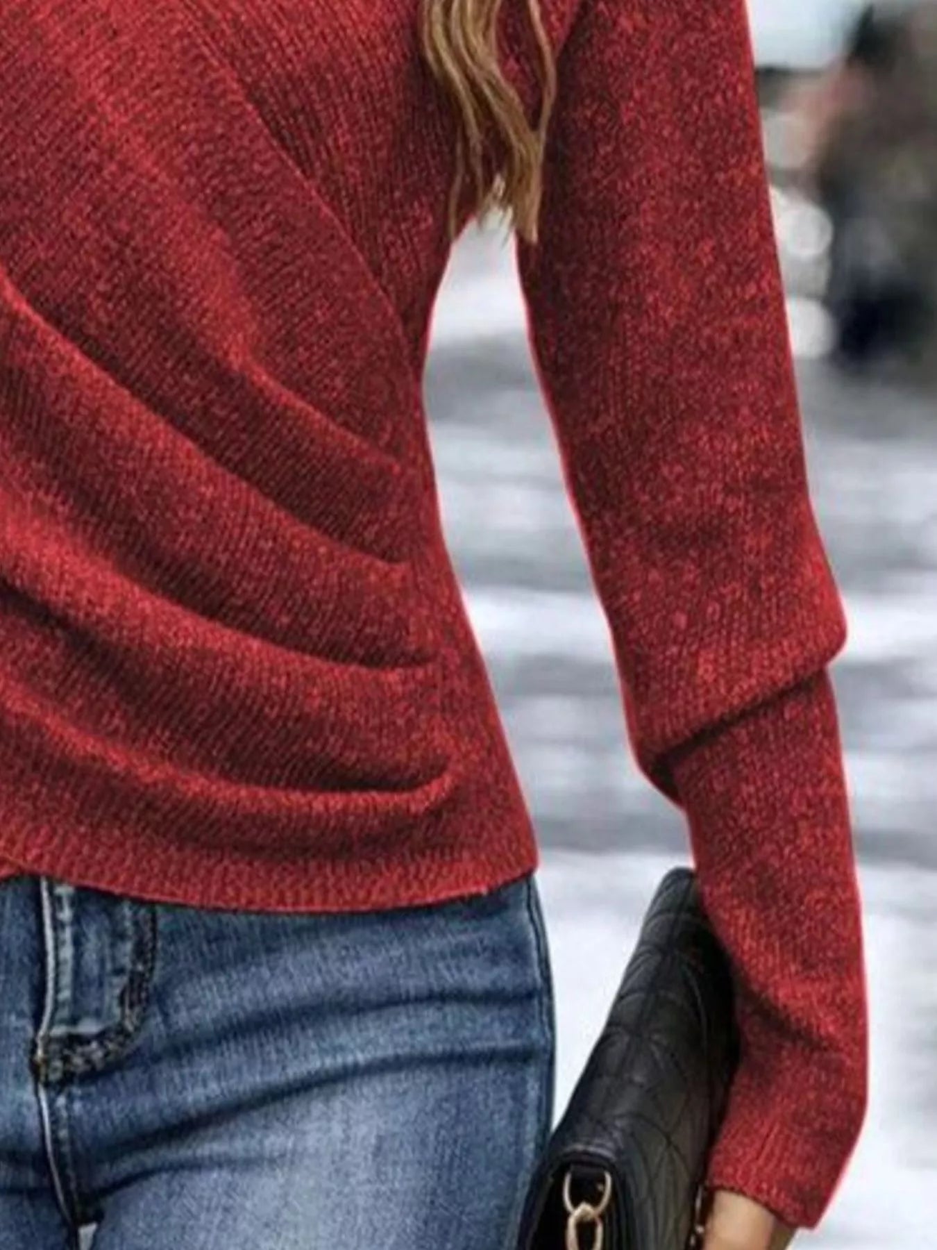 surplice long sleeve knit top front full outfit look