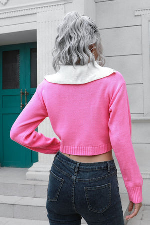 Back view of contrast collared cropped sweater
