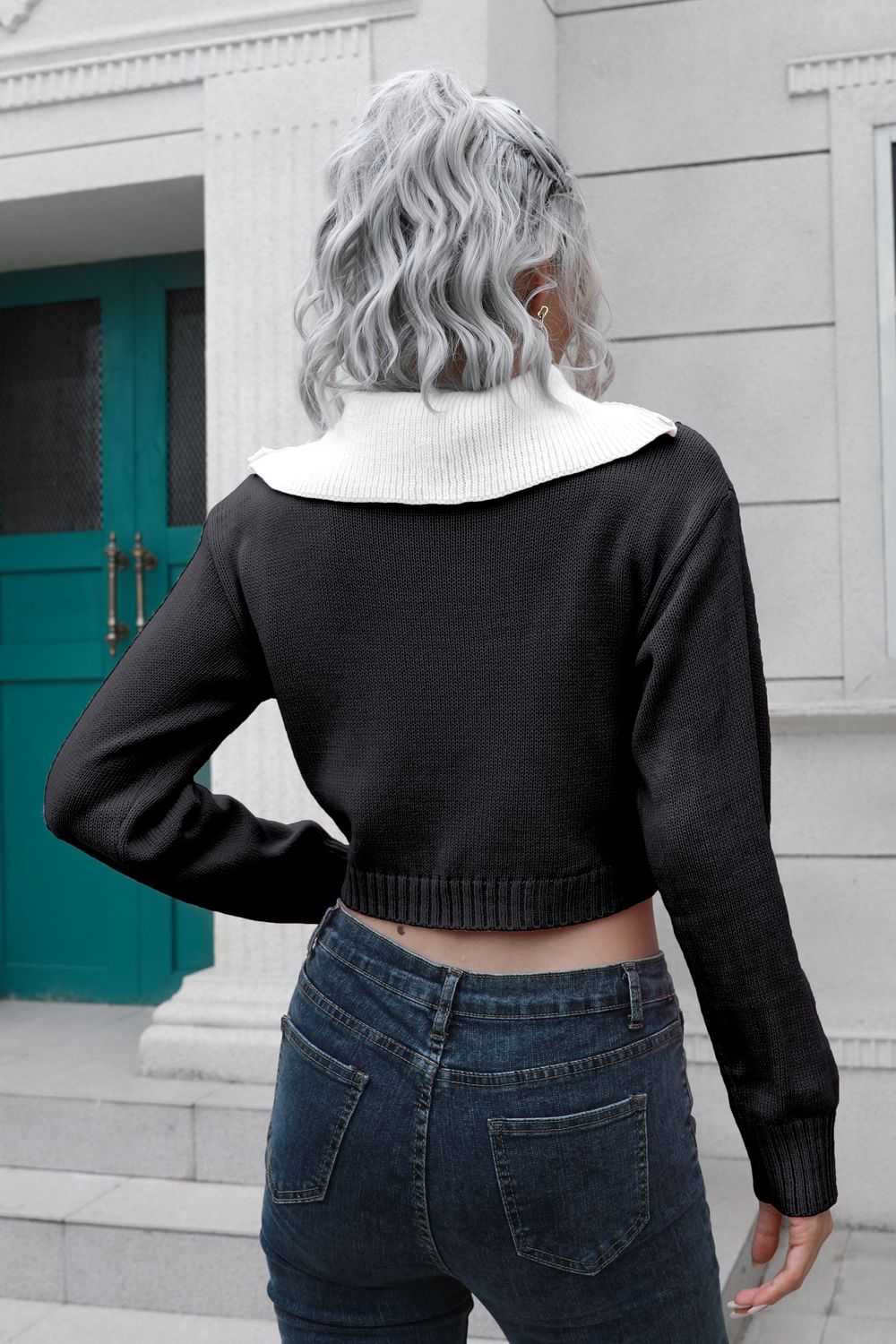 Back look of contrast collared knit cropped sweater