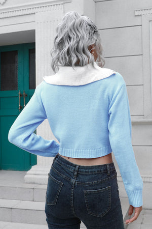 Back look of contrast collared knit cropped sweater