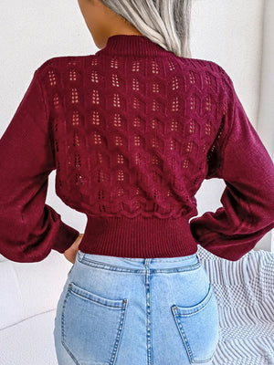 Back view of openwork mock neck long sleeve cropped sweater