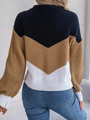 back view of color block dropped shoulder sweater relaxed fit