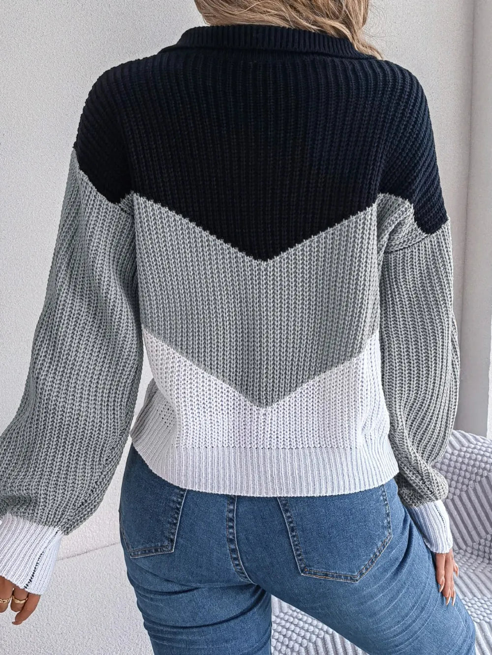 back side of casual color block sweater dropped shoulder design