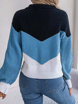 rear view of oversized color block sweater soft knit fabric