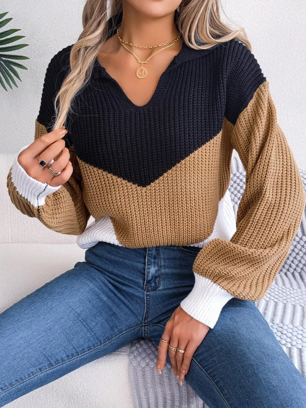 women color block sweater casual loose fit front style