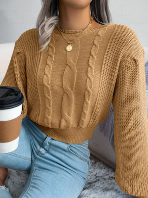 Detail of round neck cable knit sweater