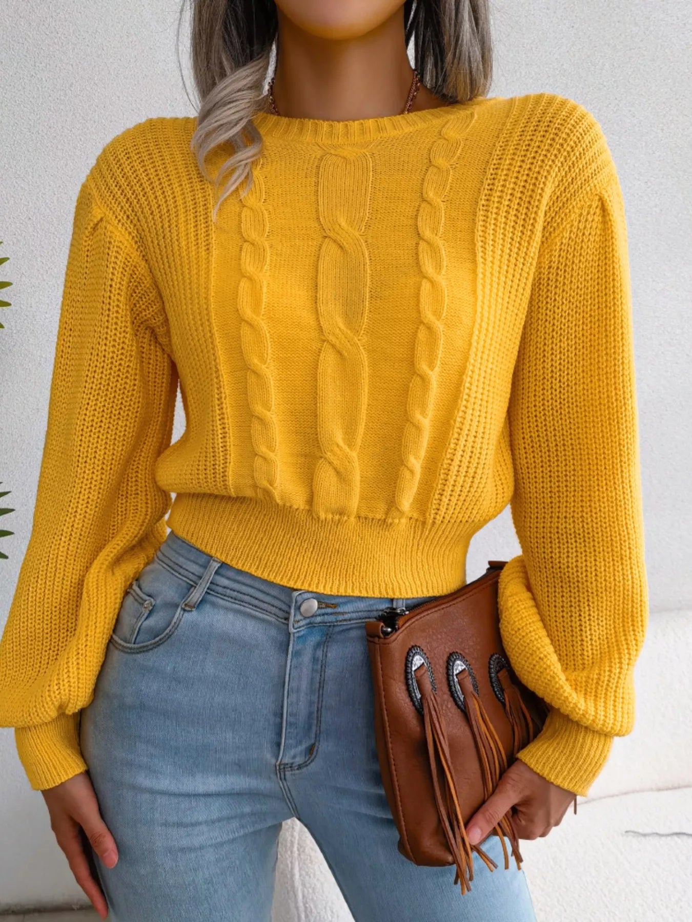 Front design of round neck cable knit cropped sweater
