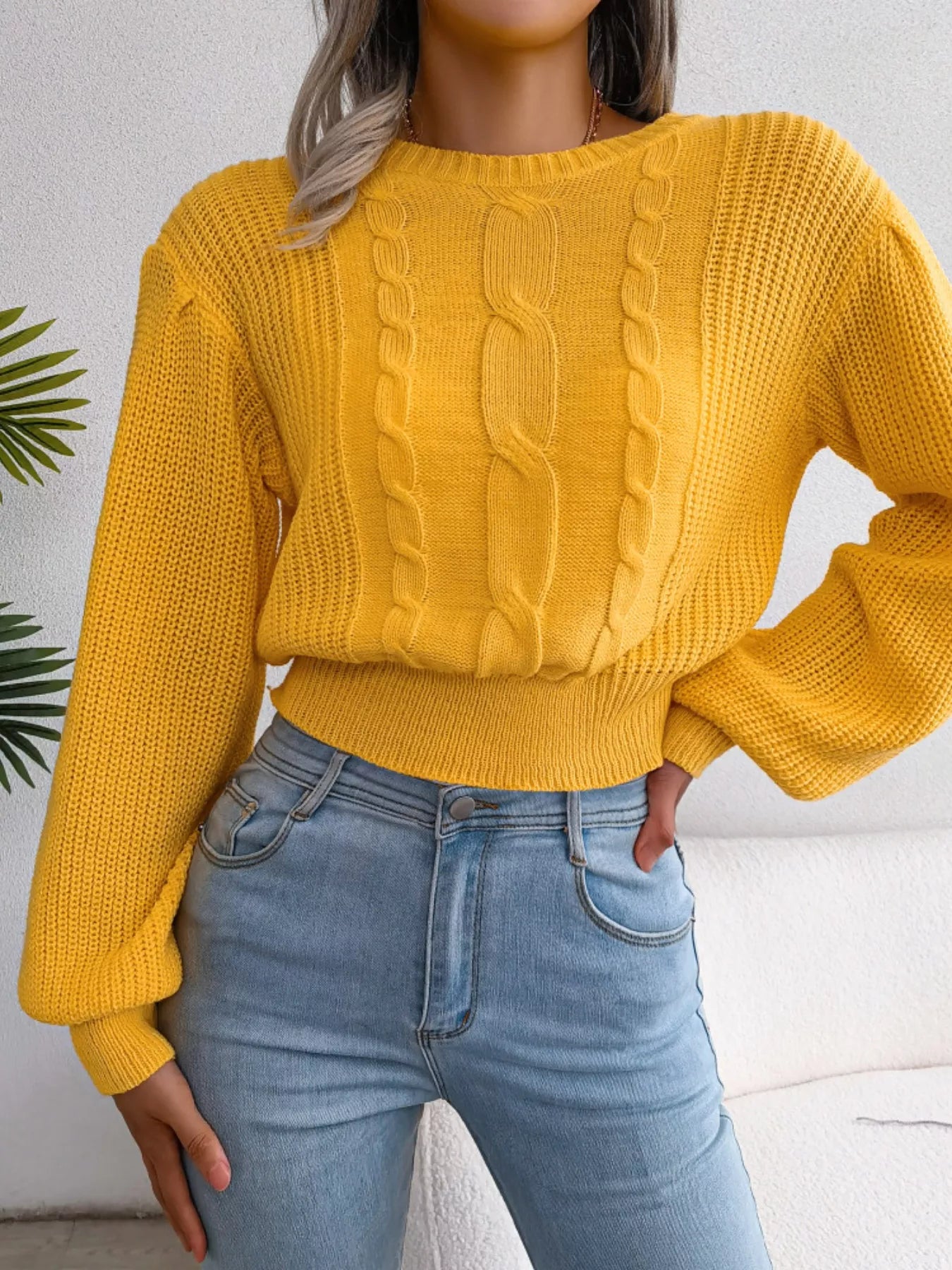 Cable knit cropped sweater front look