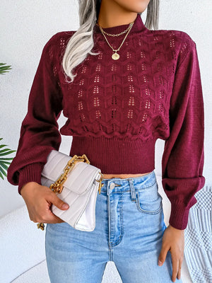 Front view of openwork mock neck long sleeve cropped sweater