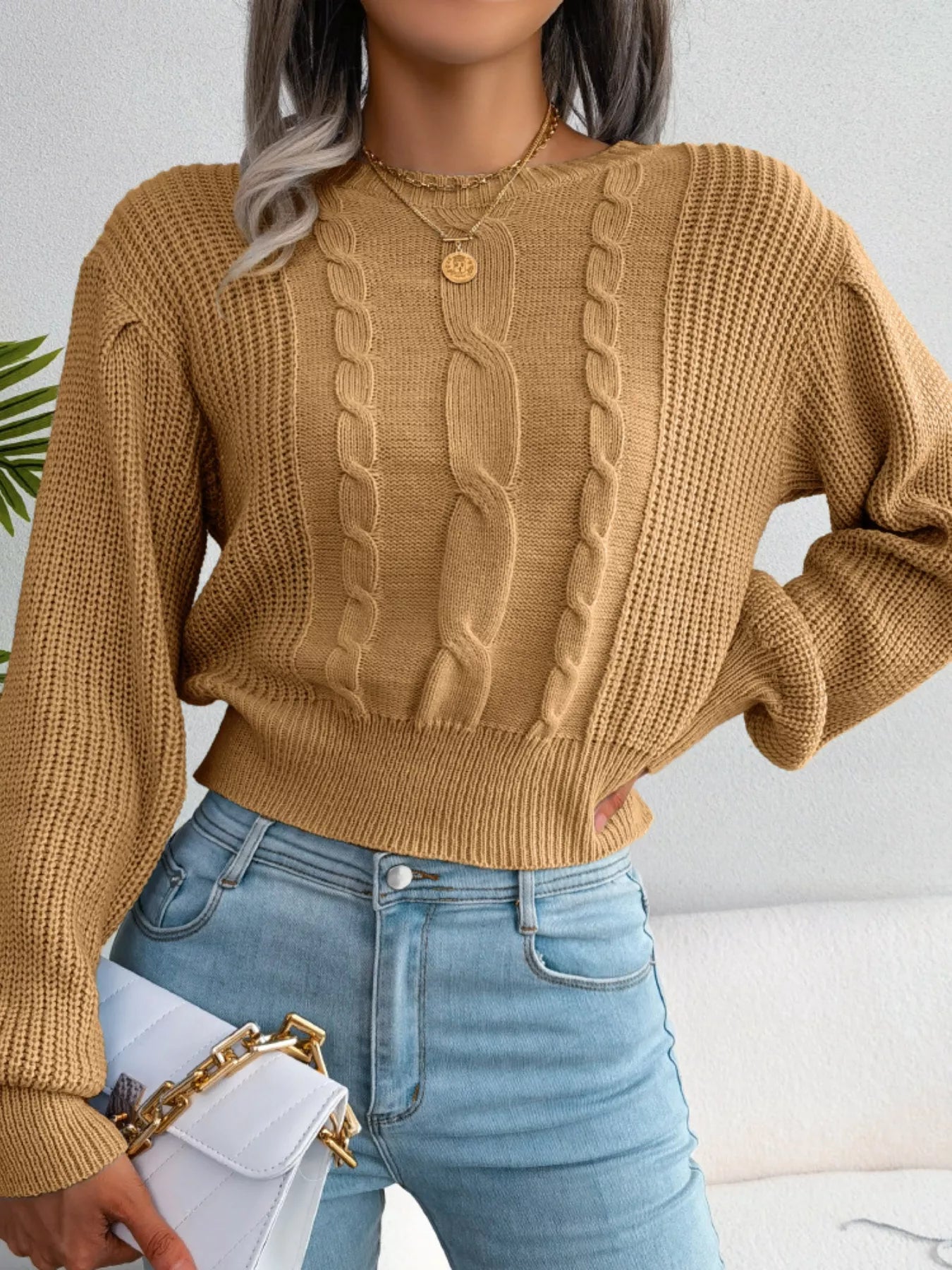 Cable knit cropped sweater front details