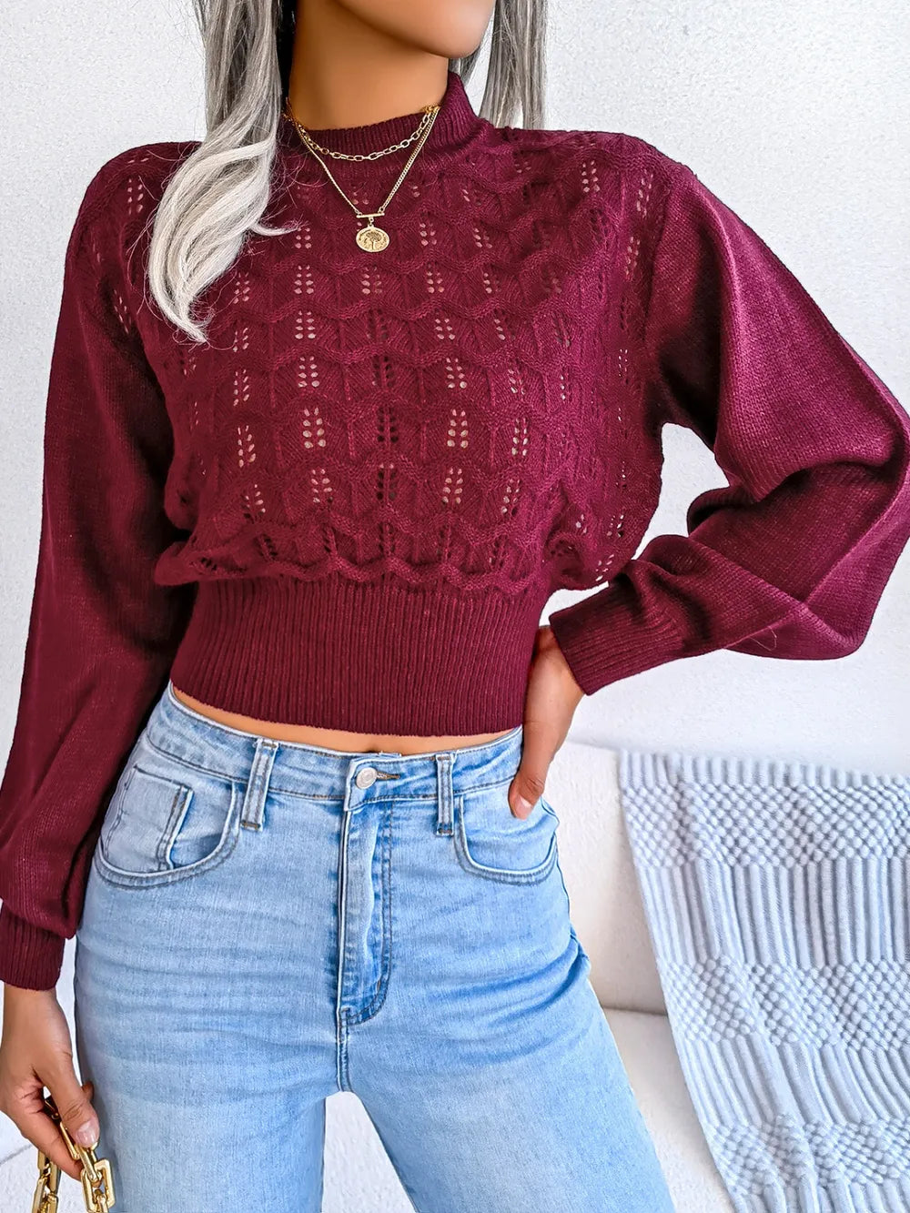 Openwork mock neck cropped sweater front look