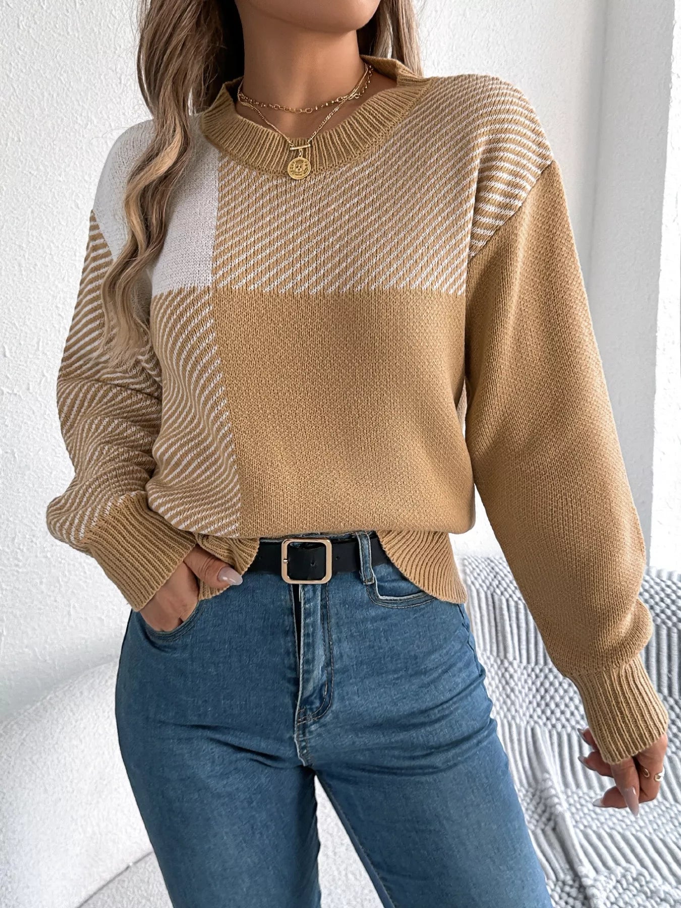 trendy color block sweater front everyday wear