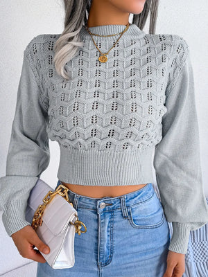 Openwork long sleeve cropped sweater front styling