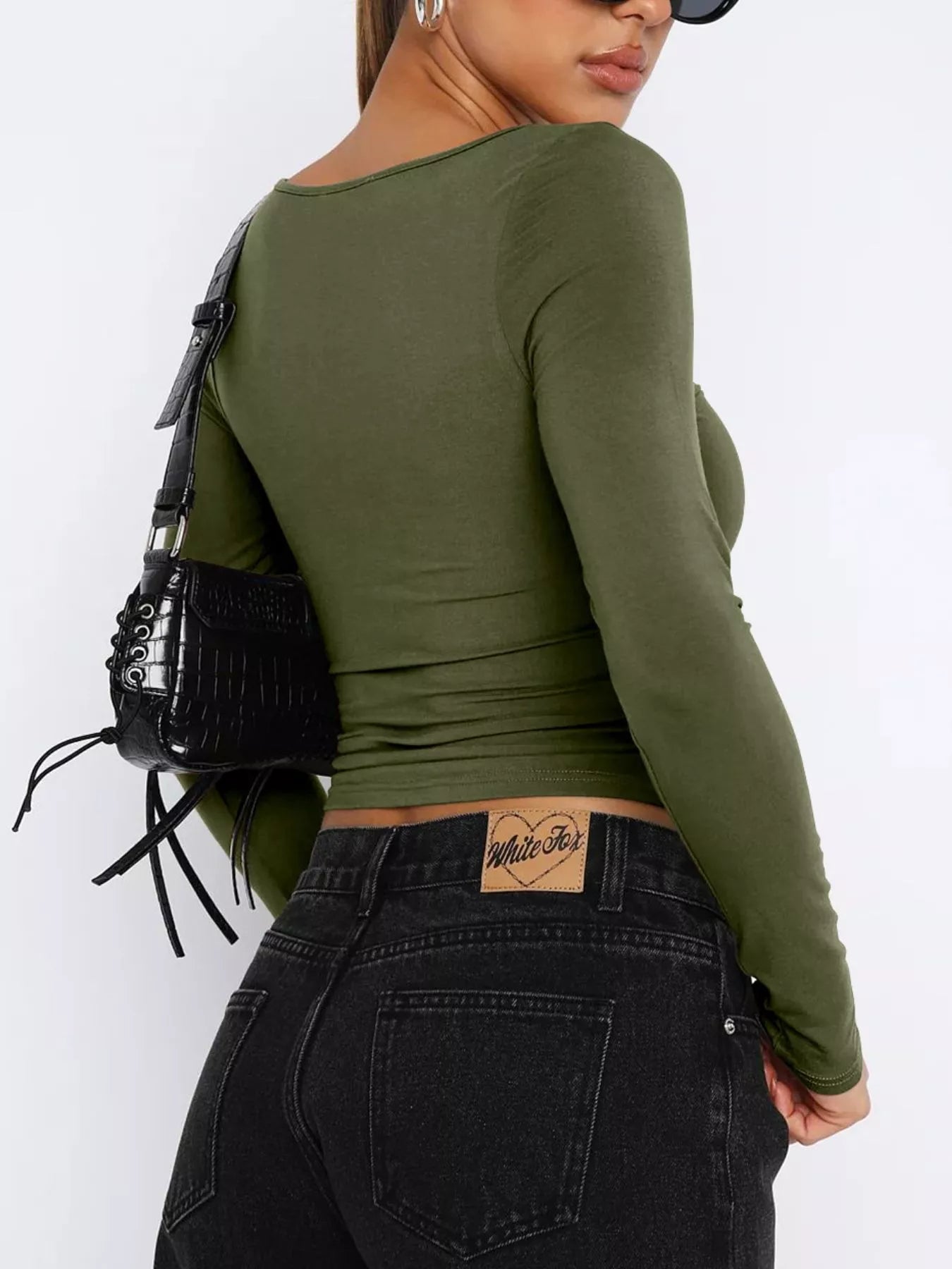Sweetheart neck long sleeve crop t-shirt back view