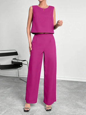 Front view of round neck tank and wide leg pants set
