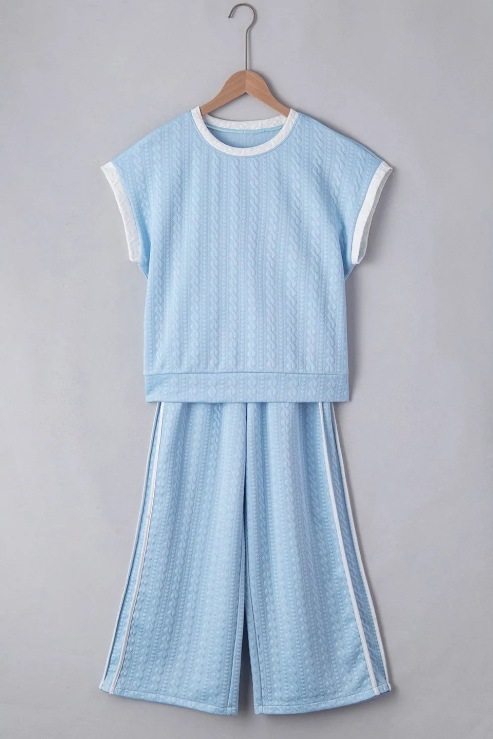Textured contrast edge top and pants set flat lay