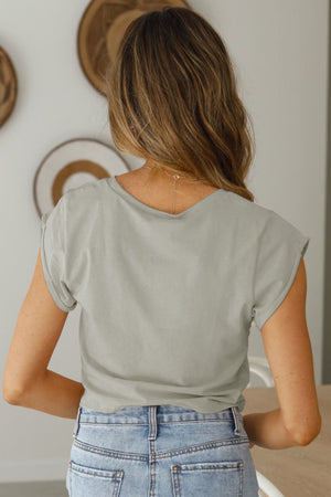 Back view of Tied Round Neck Crop Tee showing comfortable fit