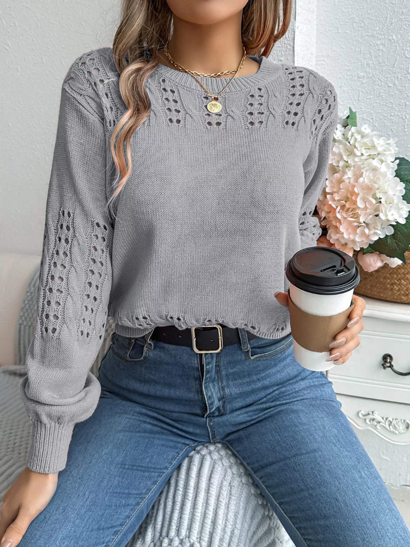 Trendy eyelet sweater front modern casual look