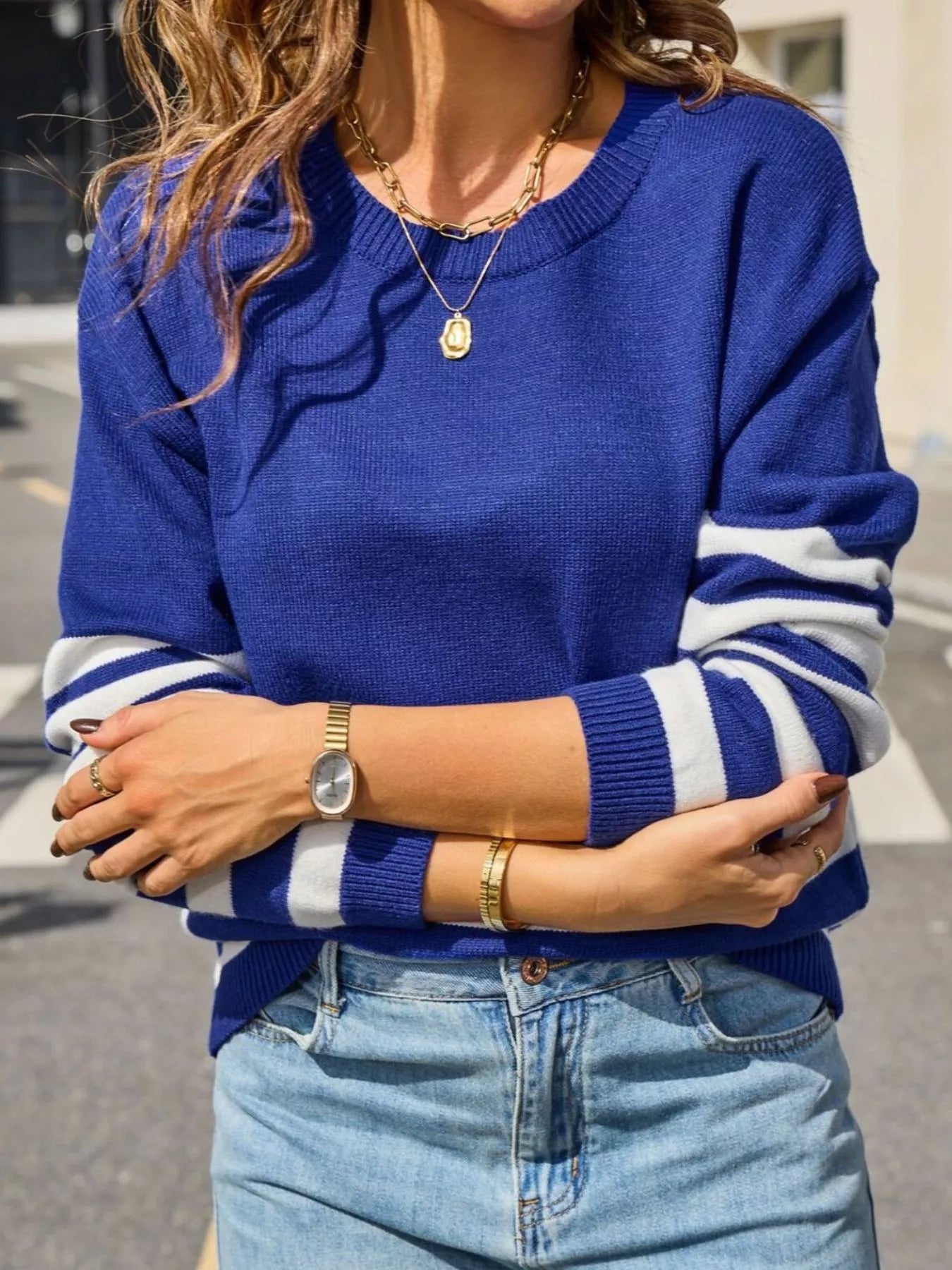 striped trim sweater front fashion everyday wear