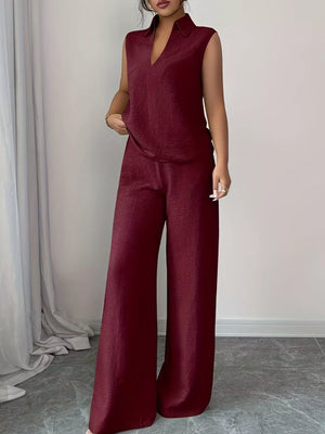 trendy sleeveless top and pants set front