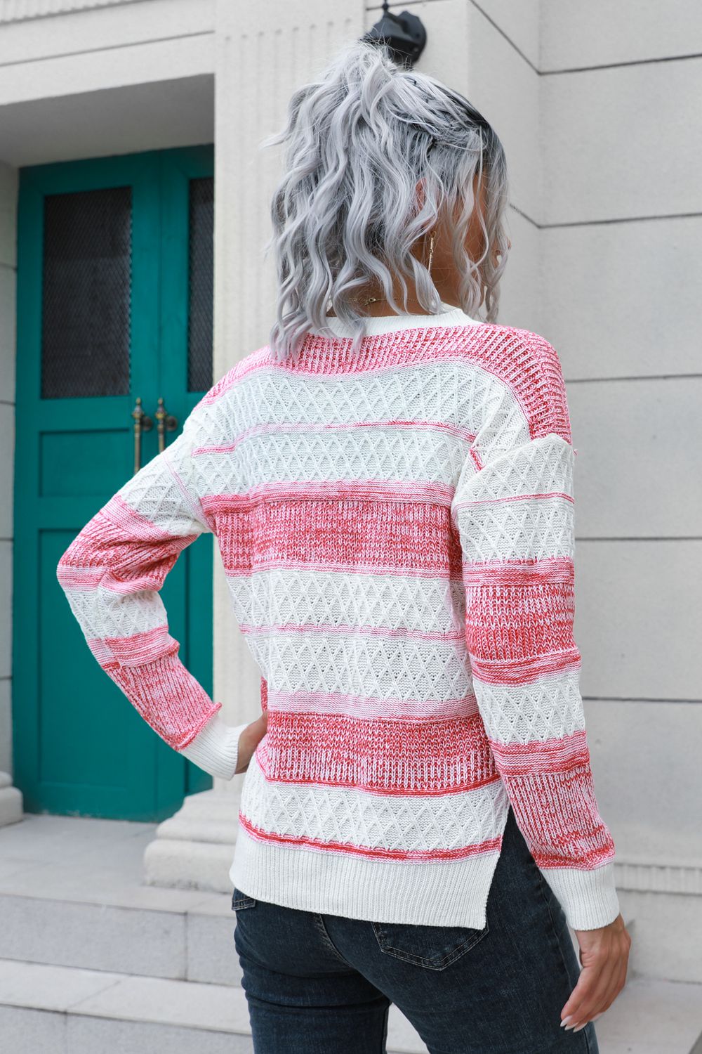 Alt: Back view of two-tone slit knit sweater