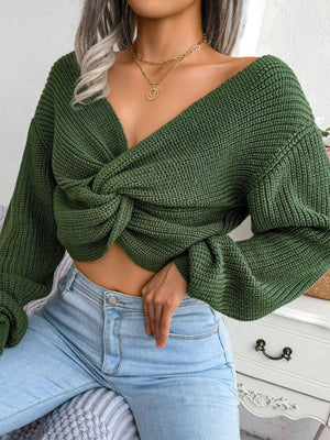 Front view of twisted front cropped sweater 